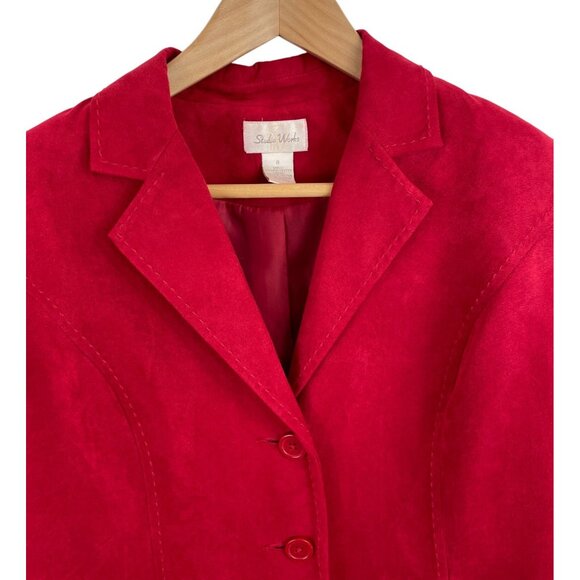 Studio Works Red Faux Suede Button Up Lined Blazer Suit Jacket Womens Size 8 - Picture 2 of 11